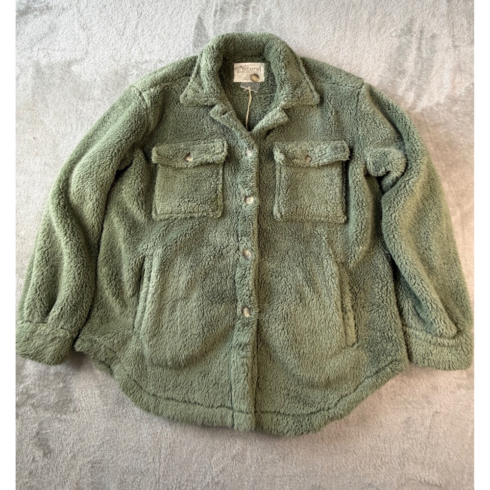 Natural Reflections Sherpa Shirt Jac Women Large Green Button Front NWT